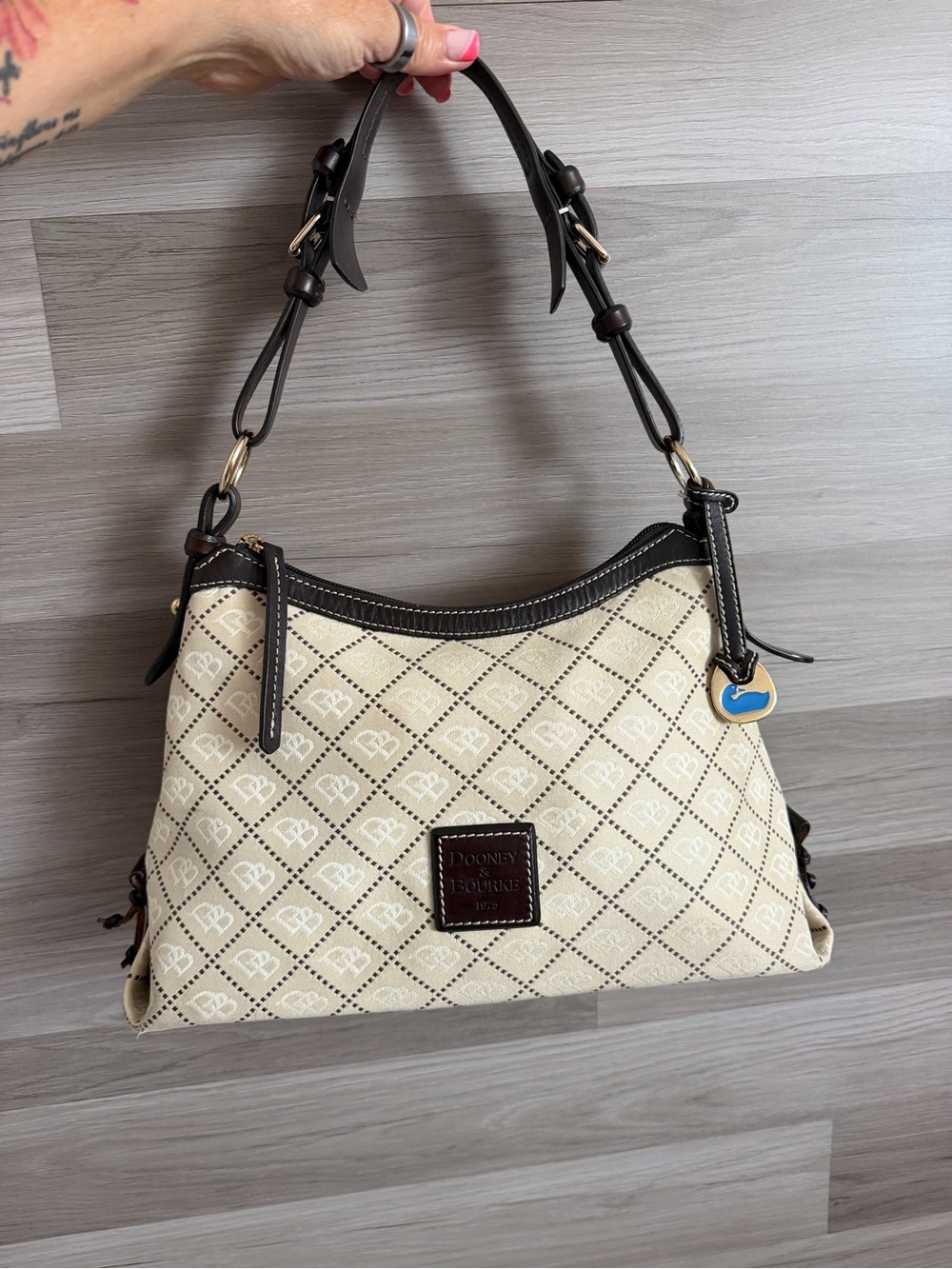 Dooney & Bourke Small East/ West Slouch Shoulder Bag in Cream Monogram Canvas